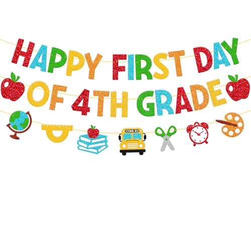 Happy First Day of 4th Grade Banner - Colorful Back-to-School Decor