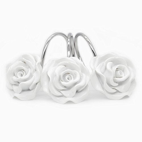 BEAVO White Rose Shower Curtain Hooks - Set of 12 Rustproof Rings