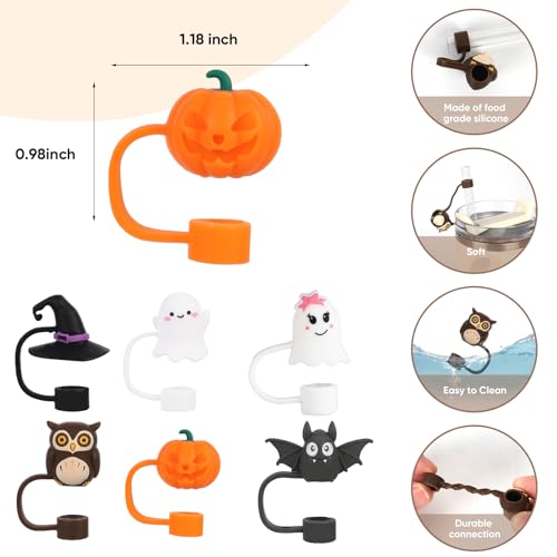 6Pcs Halloween Straw Cover Cap Compatible with Stanley Cups 30 40 oz Toppers for Tumblers Reusable Dust Proof Simple Modern Straw Cover for 0.4in Accessories