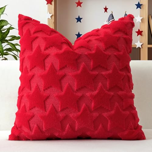 OTOSTAR 4th of July Throw Pillow Cover, 18x18 Inch Red Star Faux Fur Case