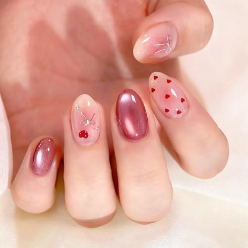 Valentine Press On Nails Medium Almond False Nails with Heart Bow