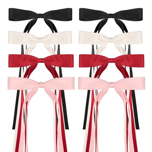 8-Pack Silky Satin Hair Bows with Long Tassels, Ribbon Bowknot Clips for Women