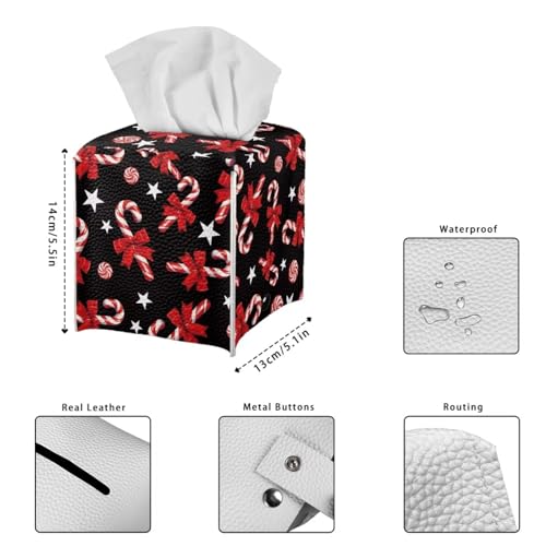 Doginthehole Red Candy Cane Tissue Box Cover PU Leather Square Holder with Belt Bottom, Christmas Decor