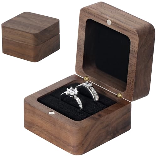Black Wooden Ring Box - 2 Slot Square Engagement Ring Holder Case