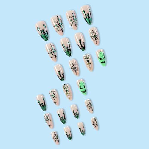 Posyofet Halloween Medium Almond False Nails Green Spider Web Press Ons