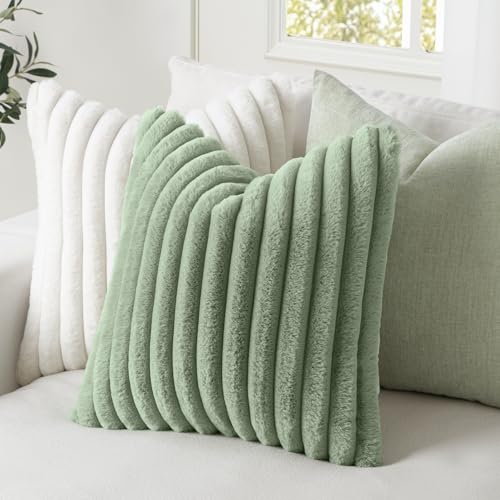 MIULEE Faux Fur Throw Pillow Covers 18x18 Sage Green, Set of 2