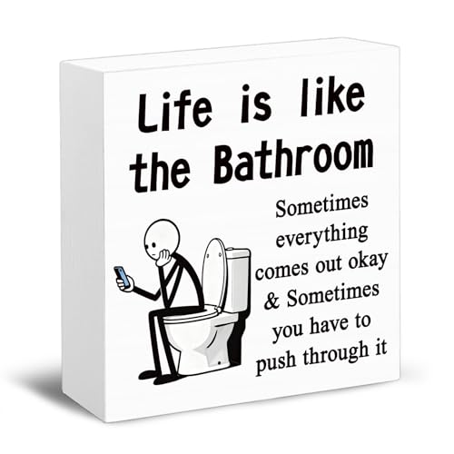 Funny Bathroom Sign Decor - Inspirational Wooden Shelf Art