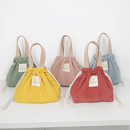 Green Portable Drawstring Corduroy Bento Lunch Bag - Insulated