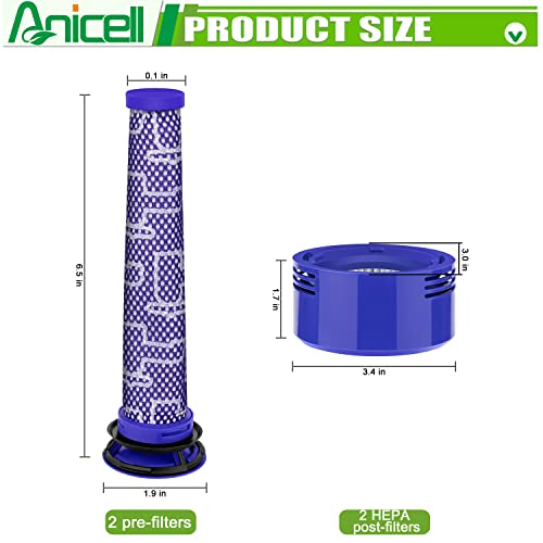 Anicell Replacement Filter Set for Dyson V7 V8 Vacuum - 2 HEPA + 2 Pre-Filters