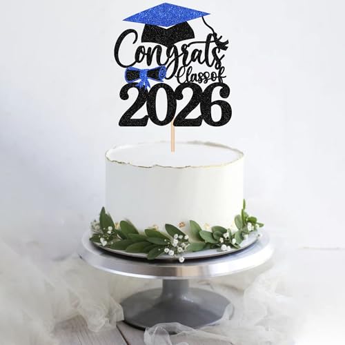 Congrats Grad 2026 Cake Topper Blue Glitter Graduation Party Decoration