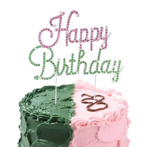 Jaciya Gold Birthday Cake Topper with Pink Green Rhinestones