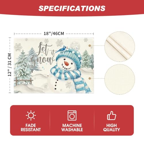 12x18 Inch Blue Snowman Christmas Placemat Set of 6 - Let It Snow Holiday Table Decor