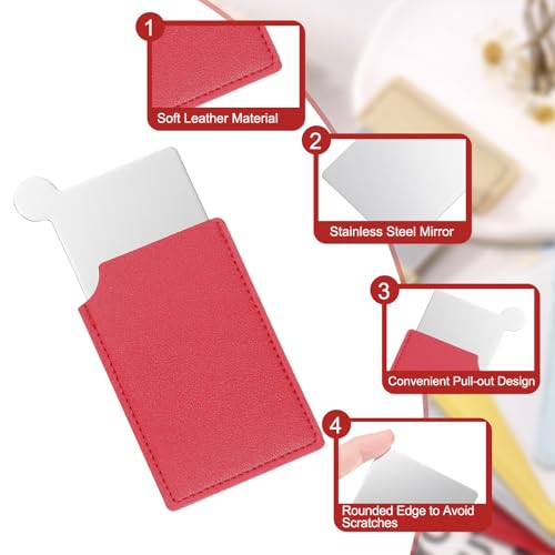 Small Pocket Mirror for Purse, Stainless Steel Makeup Mirror with Red Leather Case