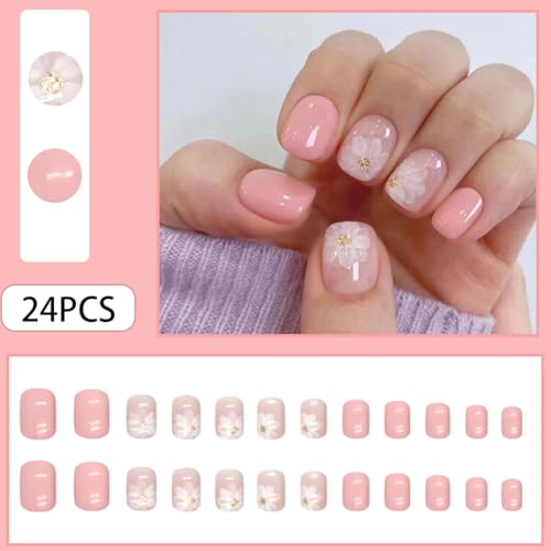 Short Square Glossy Pink Press On Nails with Camellia Design 32pcs