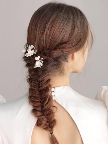 Bridal Hair Pins White Flower Gold Leaf Pearls - SELFCLOUD