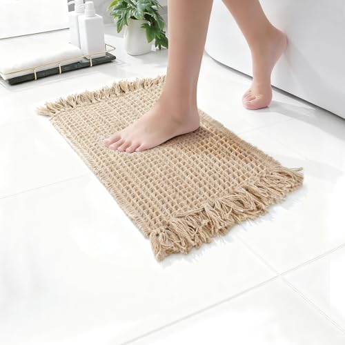 Super Absorbent Waffle Bath Mat with Tassels - Non-Slip, Soft, Quick Dry, 17"x24" Khaki