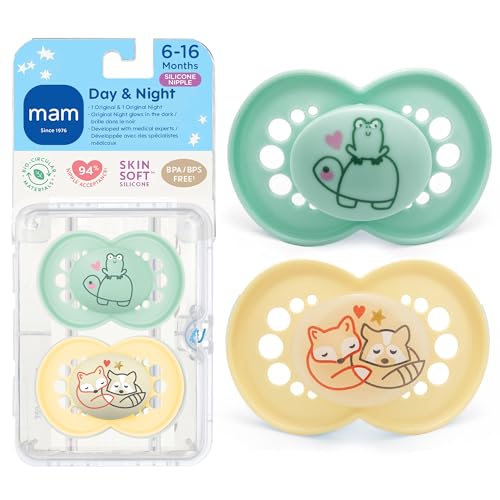MAM Original Baby Pacifiers 6-16 Months, Glow-in-the-Dark, 2 Pack - Butter Yellow & Pale Mint