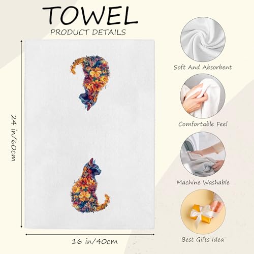 Cat Floral Kitchen Towels - 16x24 Inch Decorative Hand Towels