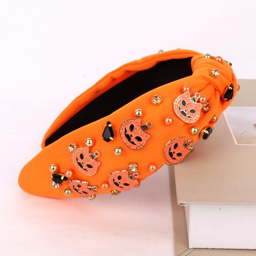 Araluky Jeweled Halloween Knotted Headband Spooky Pumpkin Hair Accessory