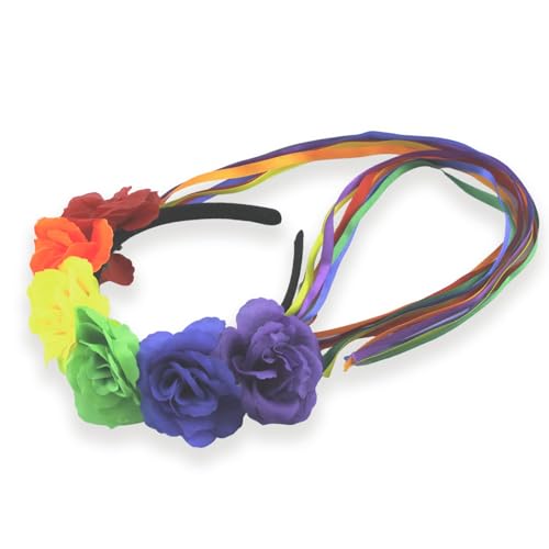 Rainbow Pride Flower Crown Headband with Ribbon Boho Festival Hair Access