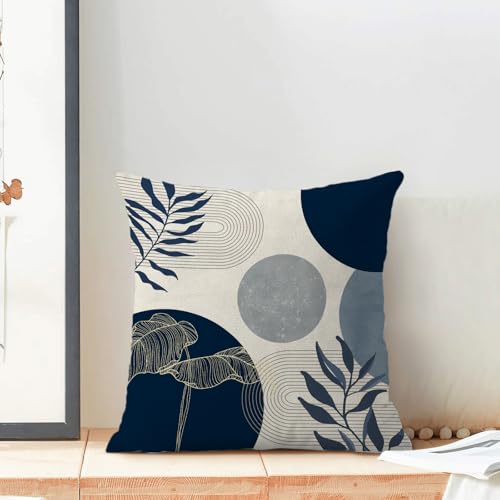 Boho Navy Blue Throw Pillow Covers 18x18 Set of 2 - Modern Linen Cushion Case