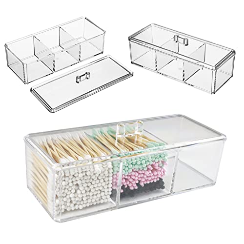Clear Acrylic 3-Compartment Cotton Swab & Q-Tip Holder with Lid