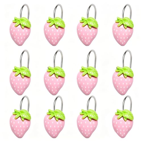YOINIUEM Strawberry Shower Curtain Hooks, 12-Pack Resin Rings - Pink & Green