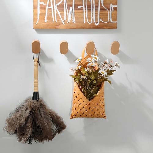 DELITON 4 Pack Solid Beech Wood Wall Hooks - Natural Wood Screw-In Coat Hanger