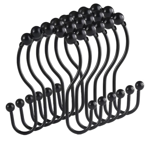 Durable Black Shower Curtain Hooks - 12 Rustproof Rings with Smooth Glide Design