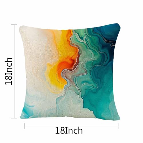 LAVVIEGO Multi-003 18x18 Abstract Marble Pillow Cover Teal Blue Orange Green Linen Blend