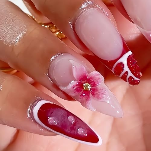 Tephrent 3D Flower Press on Nails Almond Red French Tip False Nails