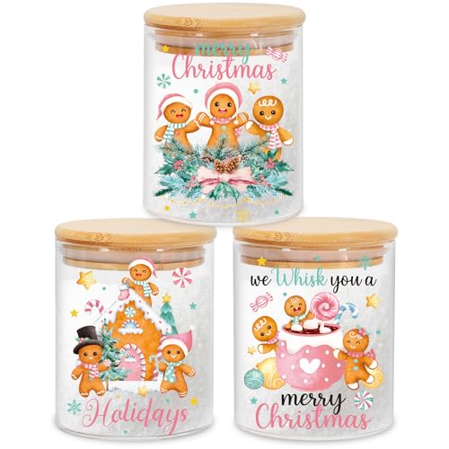 Christmas Glass Storage Jars with Airtight Lids - Pink & Green Gingerbread Canisters Set
