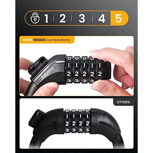 5-Dial Resettable Bicycle Lock - 4FT/1.2M Anti-Cut Cable Lock with Combination Code | Lightweight Security Chain for Mountain Bikes, E-Bikes, Scooters