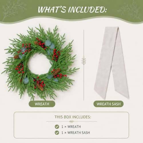 24 Inch Christmas Wreath for Front Door with Decorative Sash - Faux Norfolk Pine Berries & Pinecones - Farmhouse Holiday Decor - Red