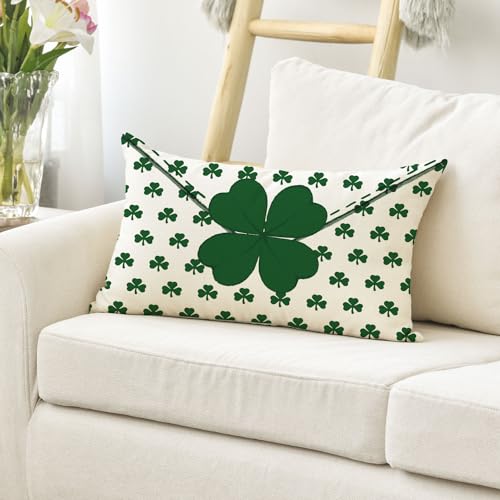 St. Patrick's Day Clover Throw Pillow Cover - 12x20 Inch Shamrock Cushion Case