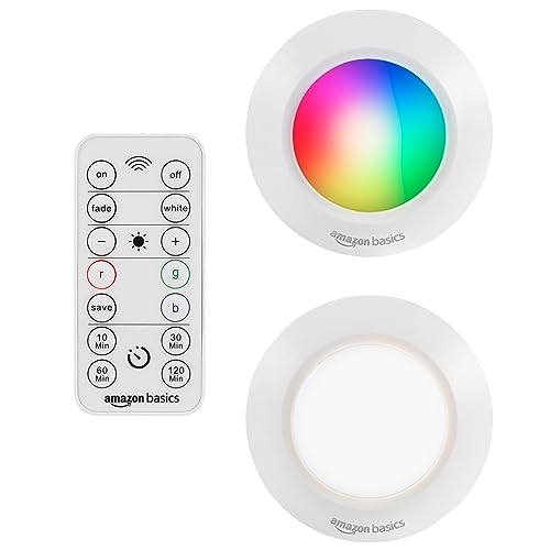 Amazon Basics Motion Sensor LED Puck Light, Color Changing, IR Remote, 2-Pack