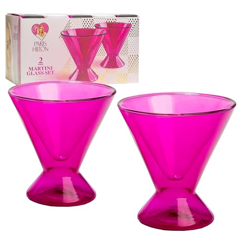 Paris Hilton 2-Piece Martini Glass Set, Double Wall Glass Design, Great for Martinis, Cocktails, Cosmopolitans, Margaritas, 7-Ounce, Hot Pink