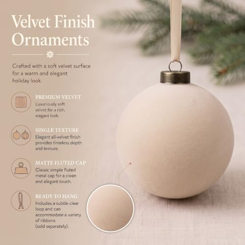 Beige Velvet Christmas Ball Ornaments 4 Inch - Set of 6 Holiday Decor