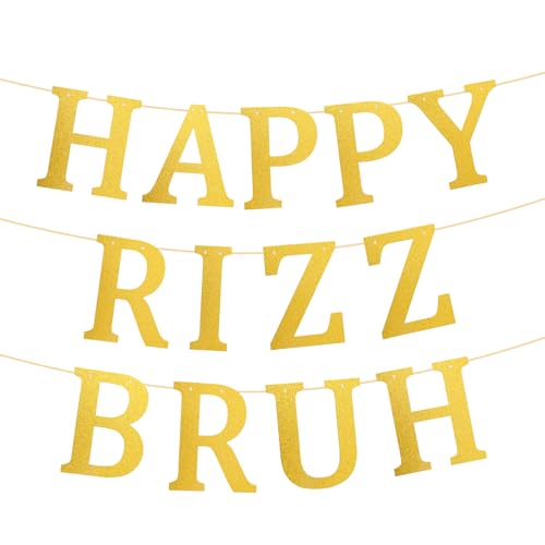Happy Rizz Bruh Gold Glitter Birthday Banner - Pre-Strung Party Decor