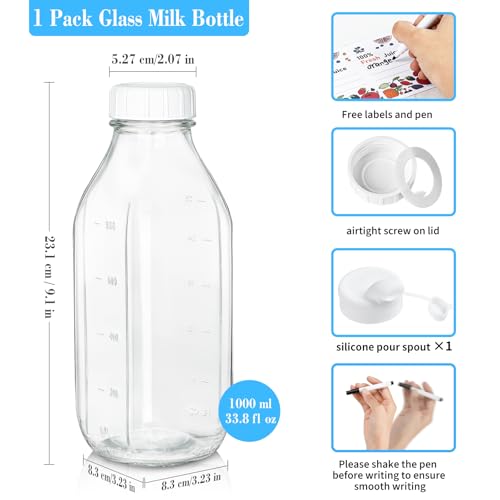 Syntic 32 Oz Glass Milk Bottle with Airtight Lid and Scale Marks - 1 Pack
