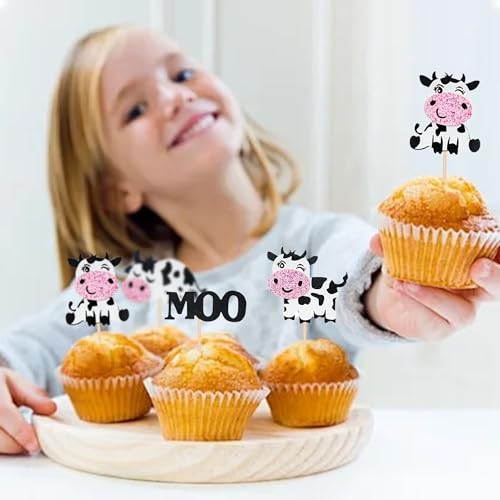 12PCS Cute Cow Cupcake Toppers Glitter Farm Animal Cake Decorations