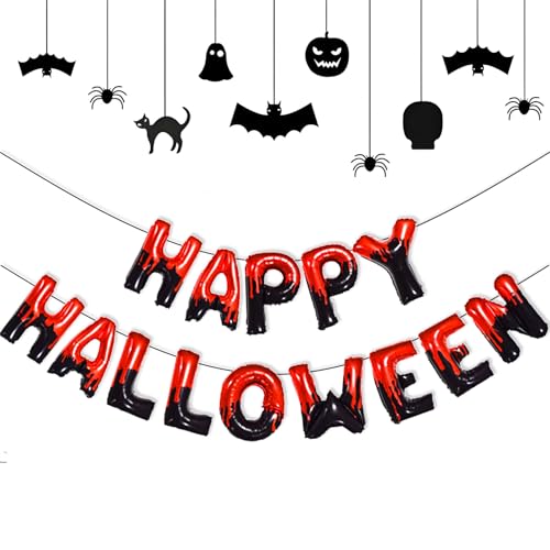 Happy Halloween Foil Balloons Banner - 16 Inch Black and Red Party Decor