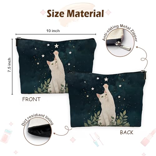 Starry Night Cat Makeup Bag Whimsical Linen Cosmetic Pouch