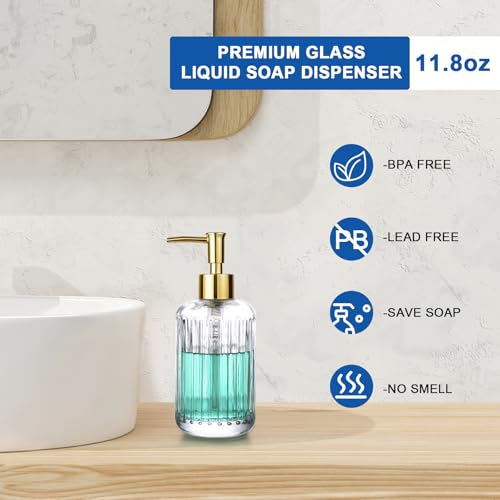 UHEY HOME Clear Glass Liquid Soap Dispenser 11.8oz Refillable Bathroom & Kitchen