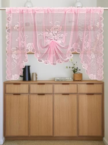 Jayla Pink Floral Lace Curtain Swag, Semi-Sheer Kitchen Valance 39x39 Inch
