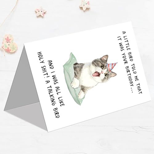 Cute Cat Birthday Card for All Ages - Blank Inside, 8x5.3in