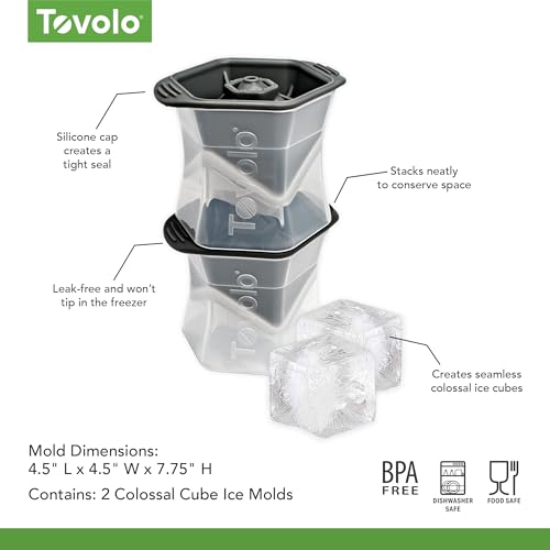 Tovolo Colossal Square Ice Cube Mold - 2 Inch Giant Silicone Tray (Pack of 2)