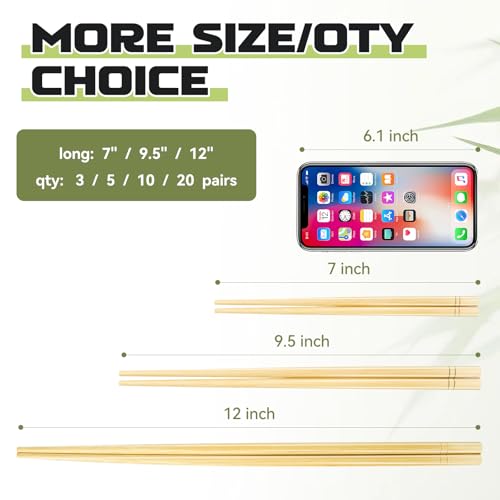 9.5-Inch Bamboo Chopsticks - Set of 5 Pairs, Eco-Friendly Design