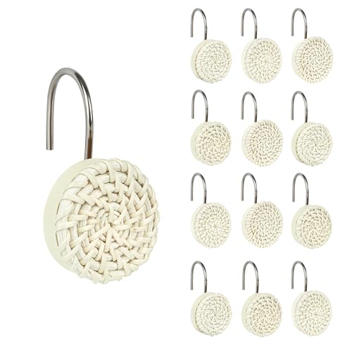 Boho Woven Rattan Shower Curtain Hooks - Set of 12