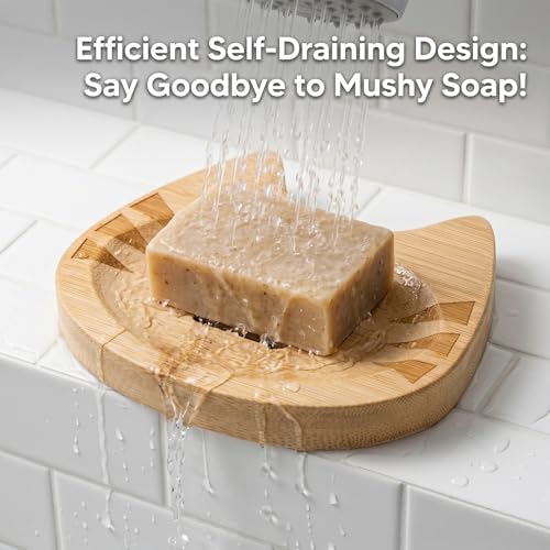 LIKEYO Cat Bamboo Soap Dish Self Draining for Shower & Bathroom